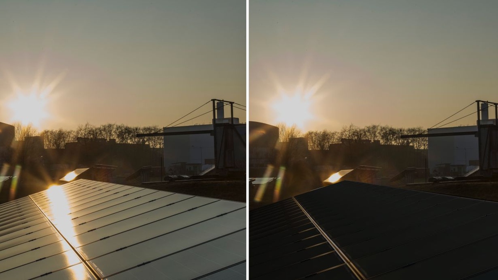 Solar modules without (left) and with (right; visualized) Phytonics film. The film almost completely suppresses reflection for all wavelengths and angles of incidence of light. (Photos by Andrea Fabry; Editing by Phytonics)